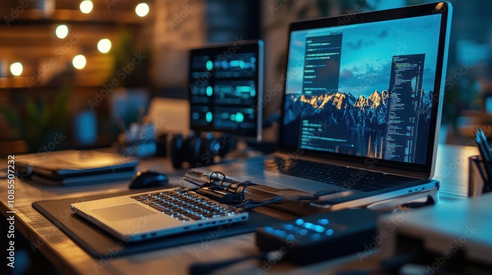 Modern workspace with laptops and tech equipment. Modern workspace with laptops and tech equipment.