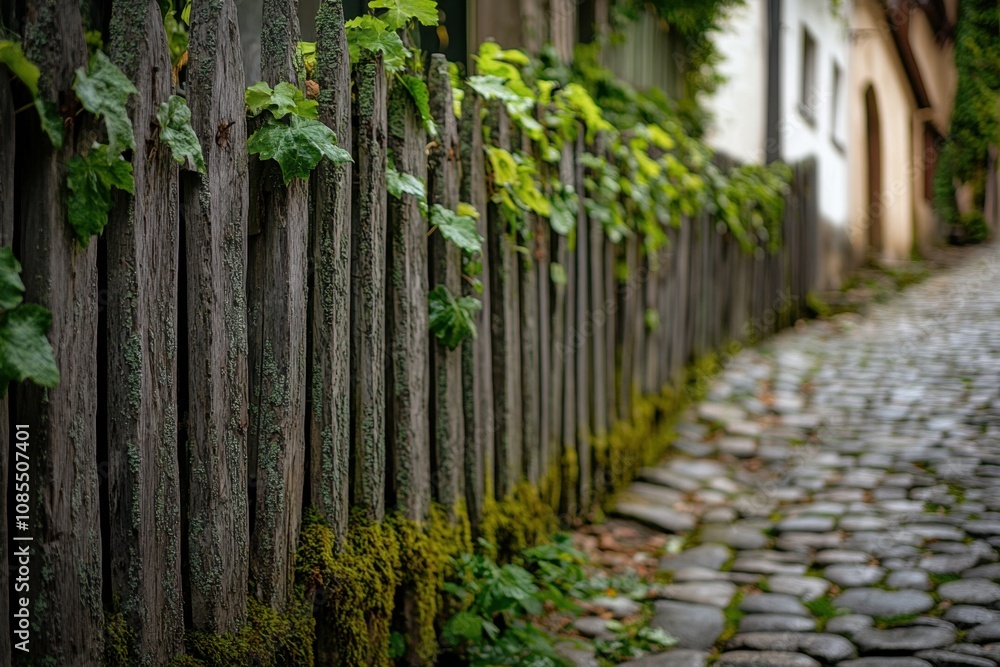 A charming wooden fence covered in ivy and moss, lining a cobblestone path through a historic village, evoking a sense of timeless beauty and old-world charm. A charming wooden fence covered in ivy and moss, lining a cobblestone path through a historic village, evoking a sense of timeless beauty and old-world charm.