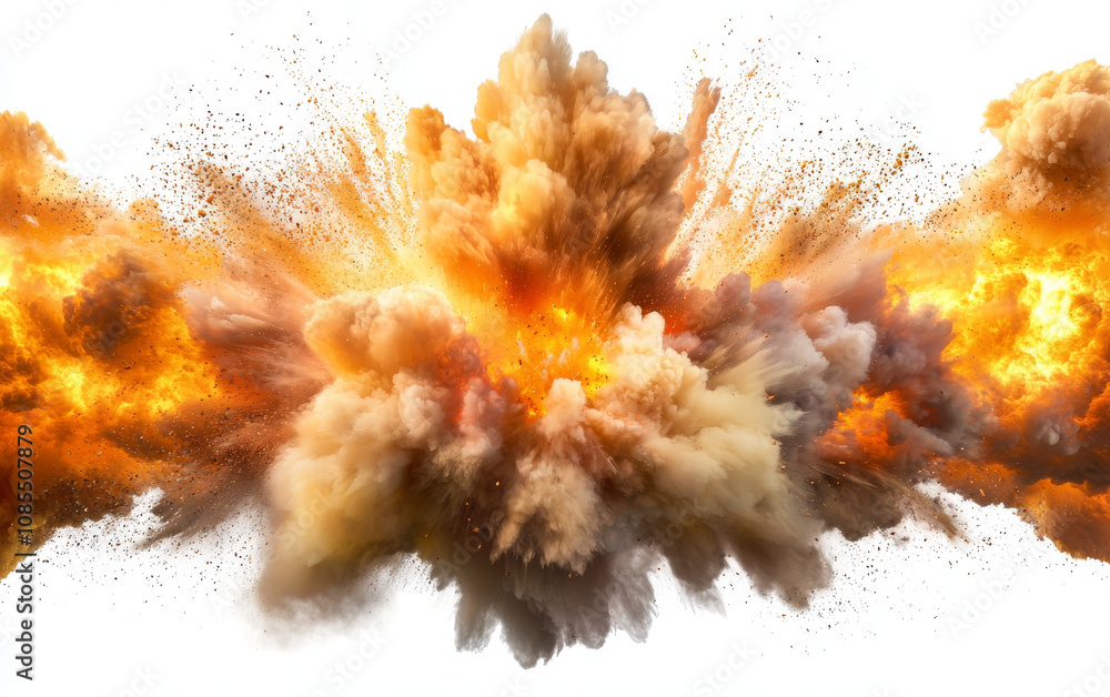 dramatic explosion with fiery orange and yellow flames erupts, sending clouds of smoke and debris into air. intense energy and dynamic movement create powerful visual impact dramatic explosion with fiery orange and yellow flames erupts, sending clouds of smoke and debris into air. intense energy and dynamic movement create powerful visual impact