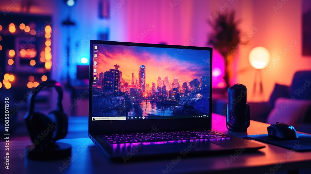 A modern workspace with a laptop and ambient lighting. A modern workspace with a laptop and ambient lighting.