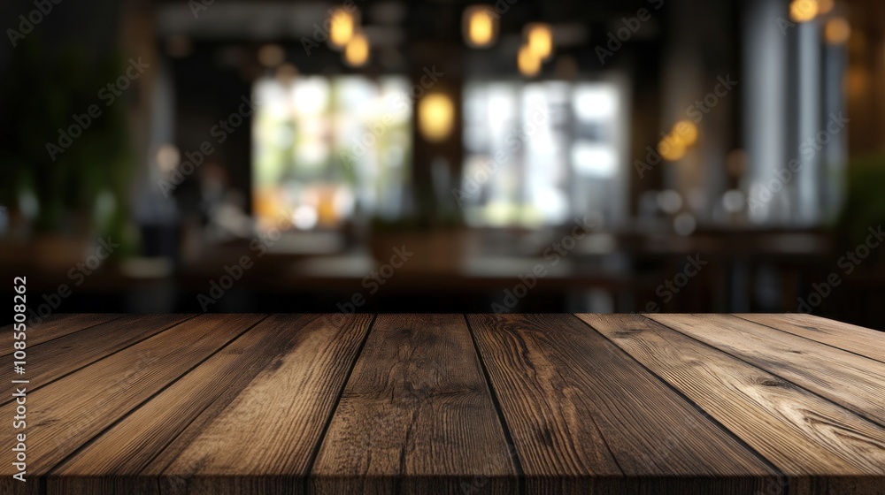 Wooden Table with a Blurred Cafe Background Wooden Table with a Blurred Cafe Background