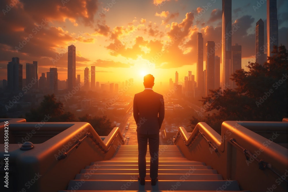 Ambitious Businessman Sunrise Cityscape Success Goals Ambitious Businessman Sunrise Cityscape Success Goals