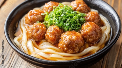 Delicious Japanese Udon Noodles with Meatballs and Green Onions photo