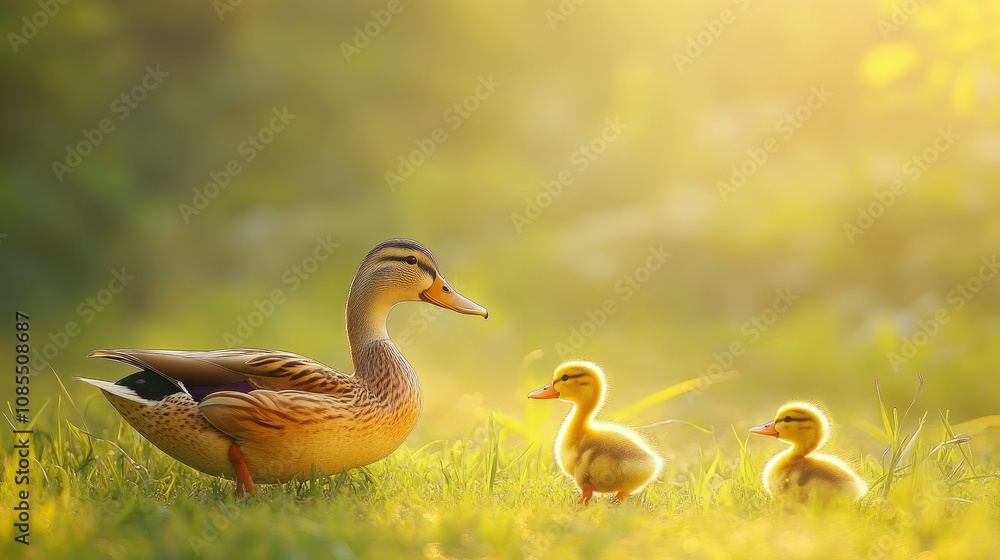 Adult duck and duckling foraging in a field of green grass, sunlight casting a warm glow over them. Adult duck and duckling foraging in a field of green grass, sunlight casting a warm glow over them.