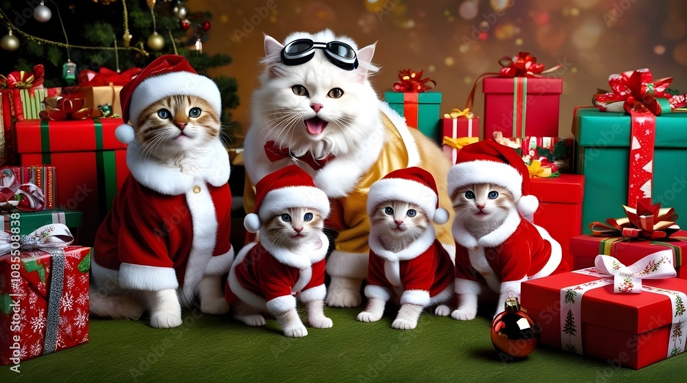 Cat and kittens santa claus with christmas gifts Cat and kittens santa claus with christmas gifts