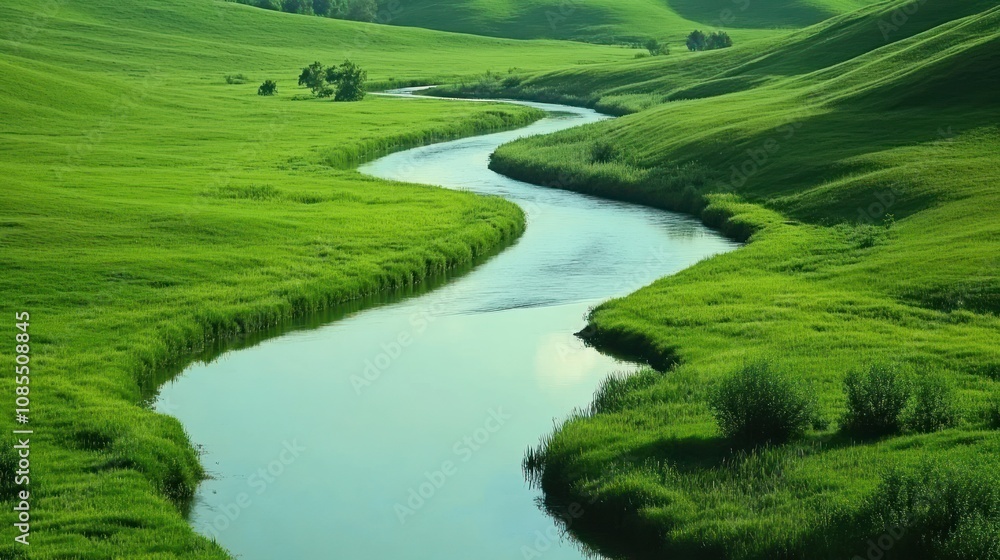 Serene landscape featuring a winding river through lush green hills. Serene landscape featuring a winding river through lush green hills.