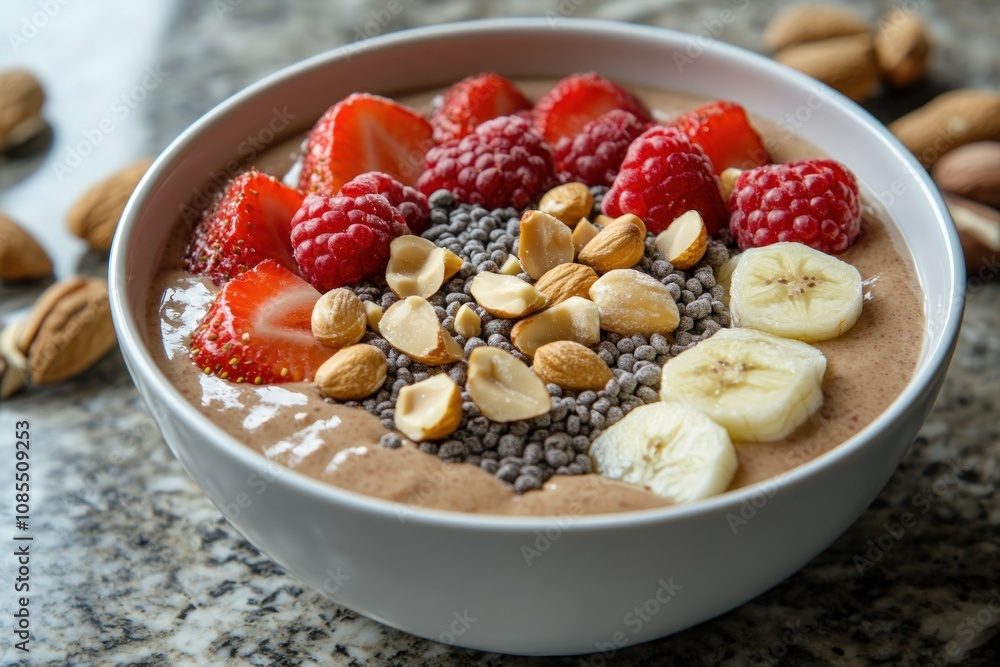 A nutritious smoothie bowl topped with fruits and nuts. A nutritious smoothie bowl topped with fruits and nuts.