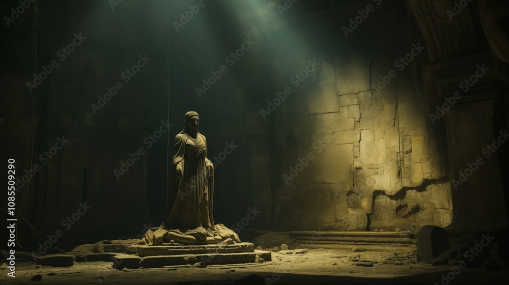 statue of a deity in a temple setting with space on the left side, Golden Hour Lighting,generative ai illustration statue of a deity in a temple setting with space on the left side, Golden Hour Lighting,generative ai illustration
