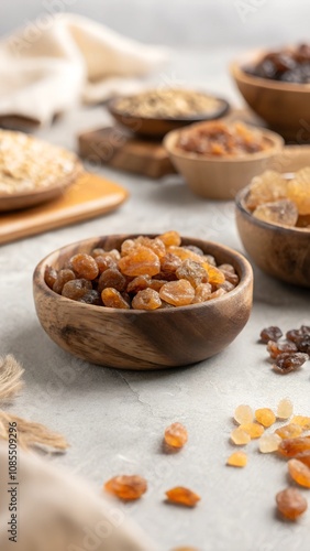 Assorted dried fruits and nuts in wooden bowls on light textured background for healthy snacking