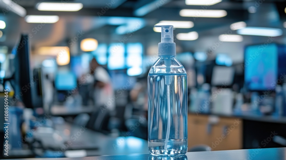 Clear spray bottle on a blurred office background. Clear spray bottle on a blurred office background.