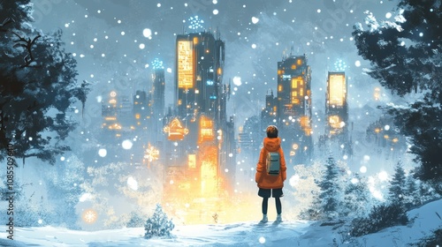 A child gazes at a snowy, illuminated cityscape.