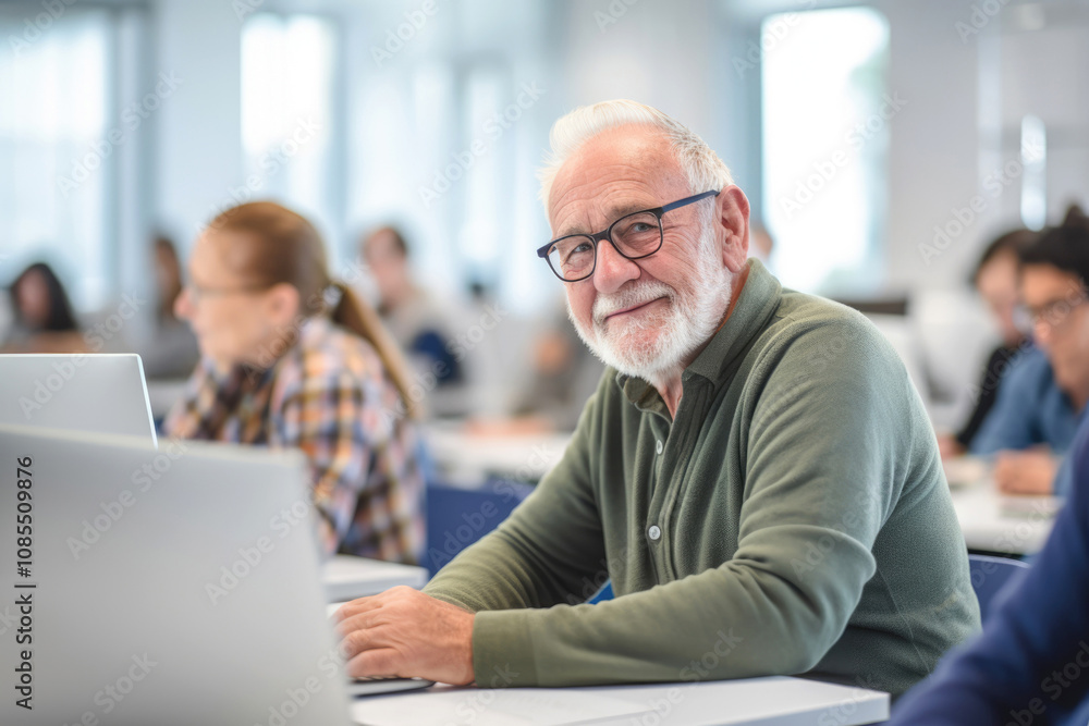Against the backdrop of a classroom setting, elderly man diligently follow along with the instructor's lecture, their laptops open and ready for hands-on learning. Against the backdrop of a classroom setting, elderly man diligently follow along with the instructor's lecture, their laptops open and ready for hands-on learning.