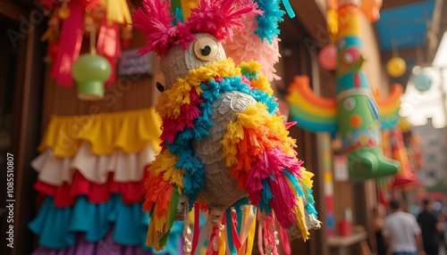 Colorful piñata in the shape of a bird decorated with vibrant tissue paper
