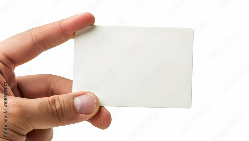 A hand holding up an empty white business card on the side of it, isolated in front of a white background A hand holding up an empty white business card on the side of it, isolated in front of a white background