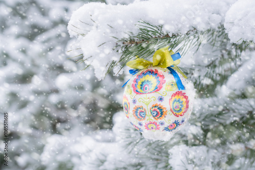 Christmas bauble hanging on a Christmas tree covered in snow