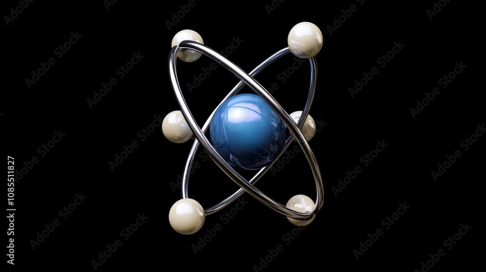 3D Render of an Atom with Central Blue Nucleus Surrounded by Orbiting Electrons on a Black Background for Science and Education Concepts 3D Render of an Atom with Central Blue Nucleus Surrounded by Orbiting Electrons on a Black Background for Science and Education Concepts