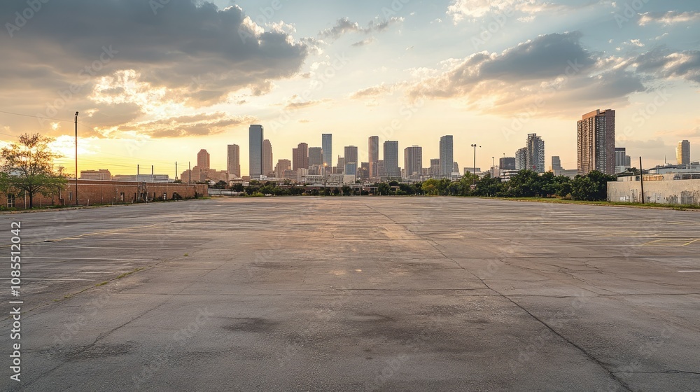 A sprawling parking lot with a vibrant city skyline in the background, early evening light casting shadows. A sprawling parking lot with a vibrant city skyline in the background, early evening light casting shadows.