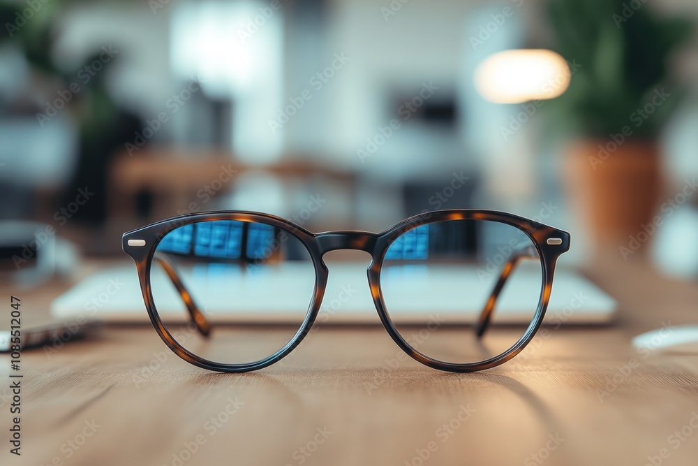 Glasses on a wooden table in a workspace. Glasses on a wooden table in a workspace.