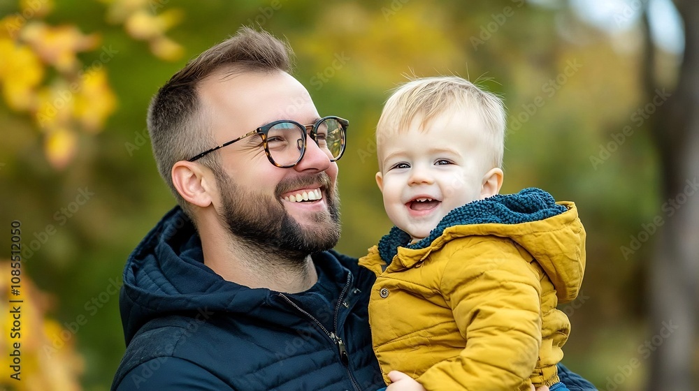 Joyful Father-Son Bonding Outdoors in Autumn Nature Joyful Father-Son Bonding Outdoors in Autumn Nature