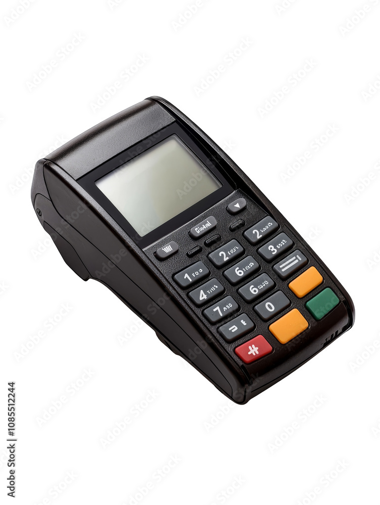 black electronic payment terminal with keypad and display screen, used for processing transactions. device features numeric keys and function buttons, essential for retail environments black electronic payment terminal with keypad and display screen, used for processing transactions. device features numeric keys and function buttons, essential for retail environments