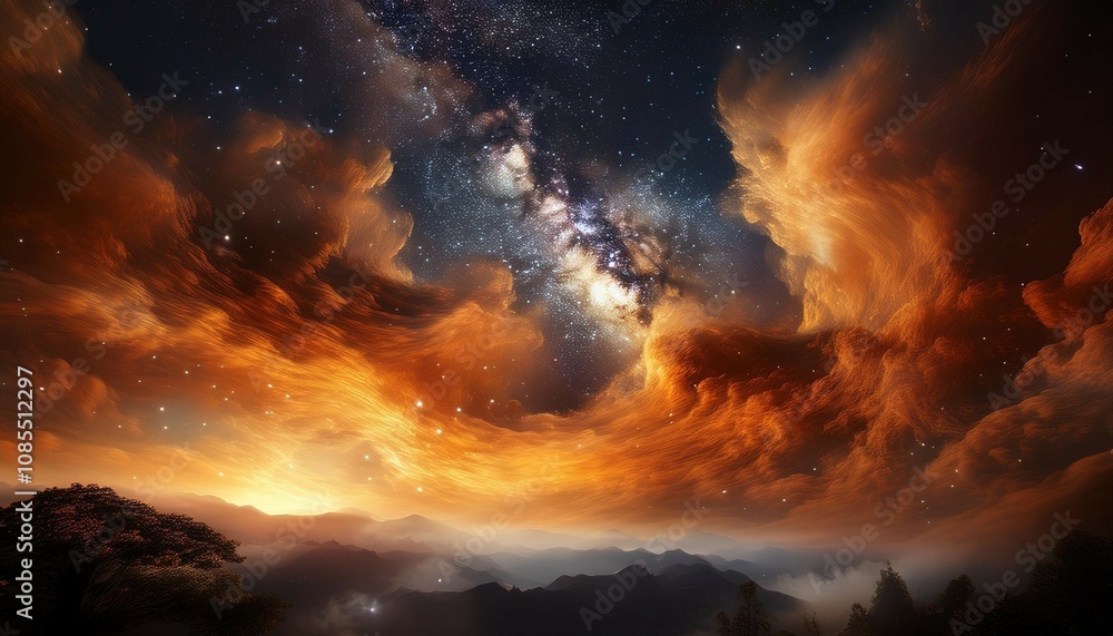 Fototapeta premium swirling clouds of orange and gold fill the night sky creating a cosmic display of beauty and mystery with scattered stars twinkling throughout the scene