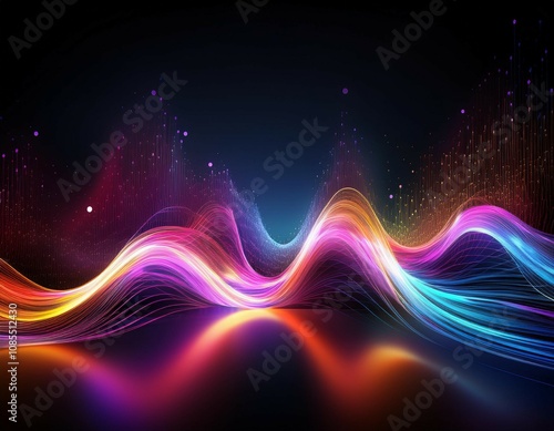 the image features a vibrant blend of neon waves and glowing particles creating a mesmerizing and dynamic visual display filled with light and color