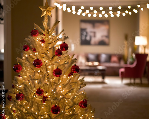 Wallpaper Mural Beautiful golden Christmas tree with red ornaments, a star topper, and warm lights. Blurred living room with beige decor and string lights above. Torontodigital.ca