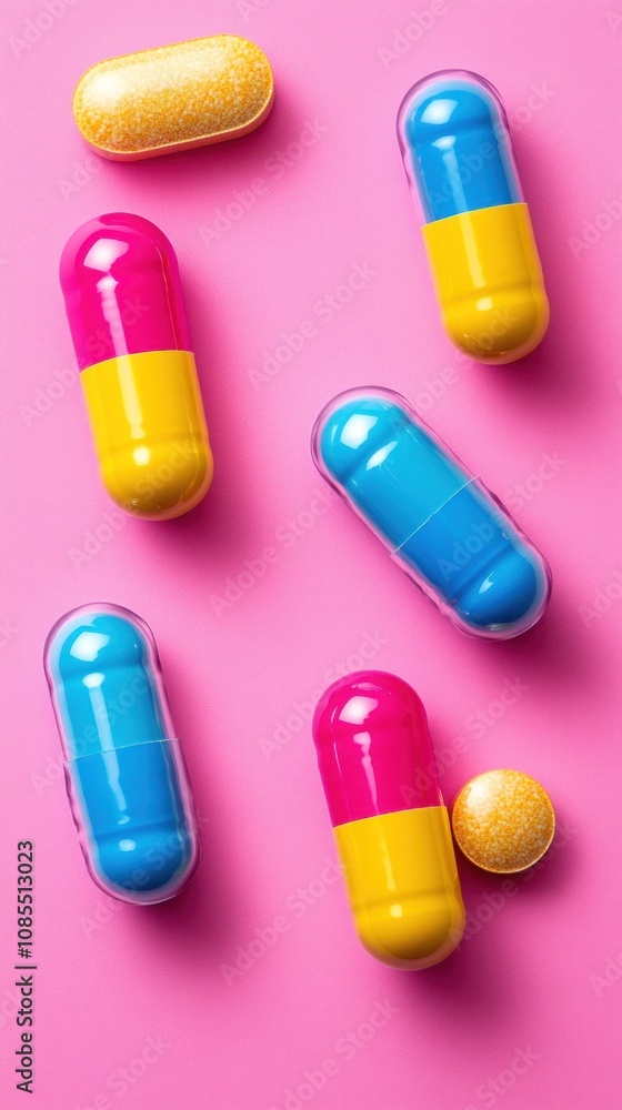 Colorful capsules and a golden pill arranged on a vibrant pink background. Colorful capsules and a golden pill arranged on a vibrant pink background.