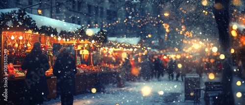 Winter holiday market city center festive scene snowy environment night view community spirit