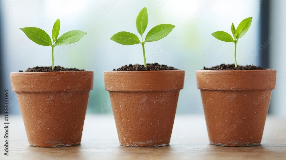 Nurturing Growth Three Young Plants in Terracotta Pots Indoor Nature Scene Fresh Environment Close-Up View Home Gardening Concept Nurturing Growth Three Young Plants in Terracotta Pots Indoor Nature Scene Fresh Environment Close-Up View Home Gardening Concept