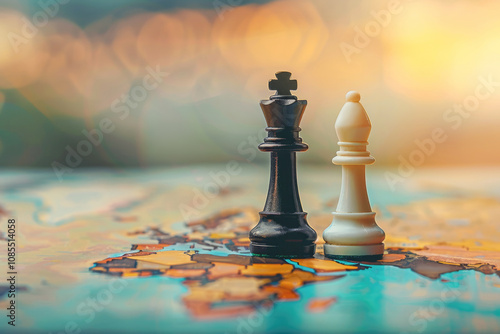 The silhouette of a chess pieces contrasts with a blurred political map, highlighting the connection between strategy and geopolitics.