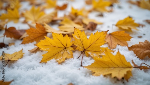 Vibrant yellow maple leaves on white snow creating beautiful seasonal contrast