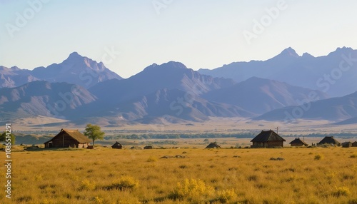 Scenic mountain landscape with traditional wooden houses in the foreground 