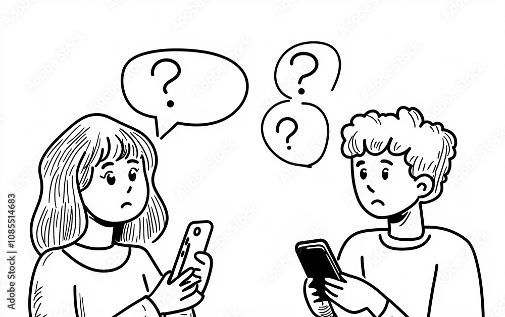 lack-and-White Line Drawing of Teenagers Holding Smartphones with Question Marks, Representing Curiosity and Problem-Solving in a Digital World lack-and-White Line Drawing of Teenagers Holding Smartphones with Question Marks, Representing Curiosity and Problem-Solving in a Digital World