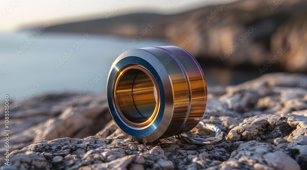 Close-up of a metallic ring with colorful accents on a rocky shore at sunset. Close-up of a metallic ring with colorful accents on a rocky shore at sunset.