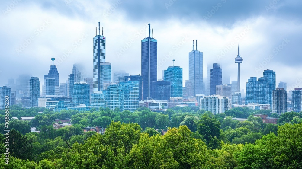 Obraz premium A Stunning View of a Modern City Skyline with Skyscrapers, Trees, and Clouds Under a Dramatic Sky Capturing Urban Life and Nature Harmony