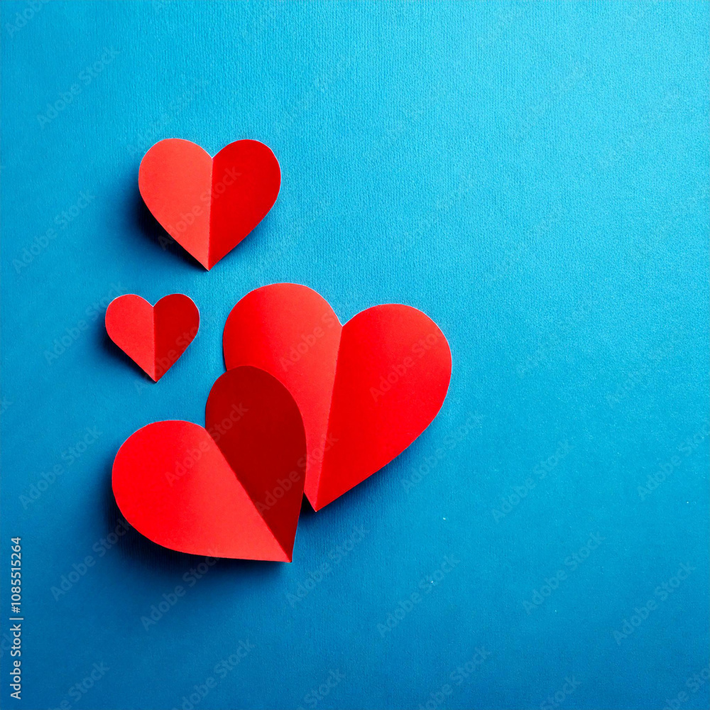 Red paper hearts hearts on blue background. top view. valentines concept. Red paper hearts hearts on blue background. top view. valentines concept.