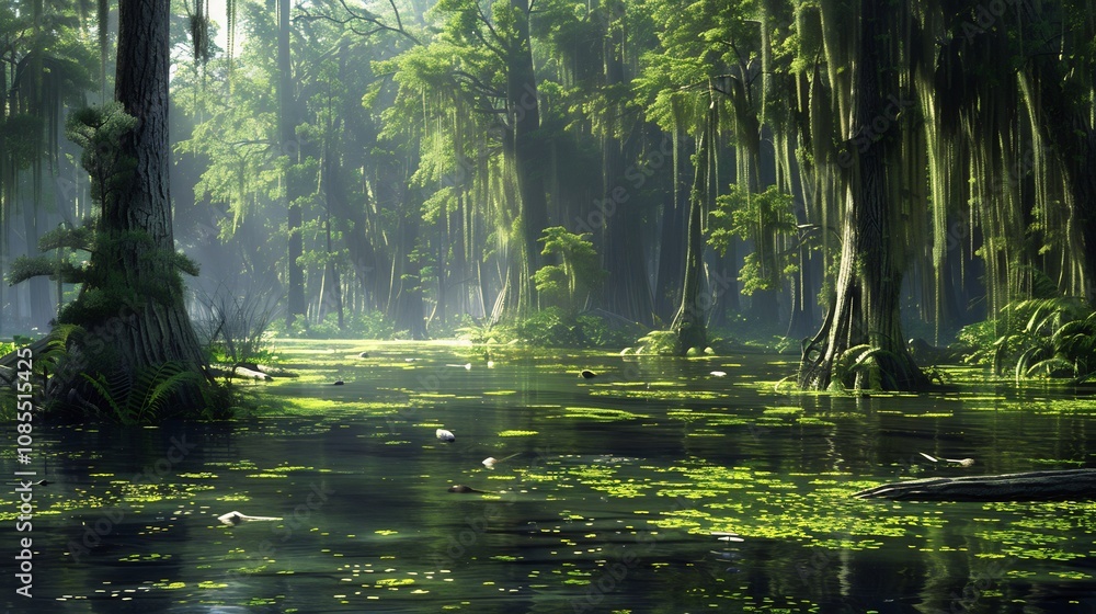 Obraz premium Swampy Forest with Sunlight