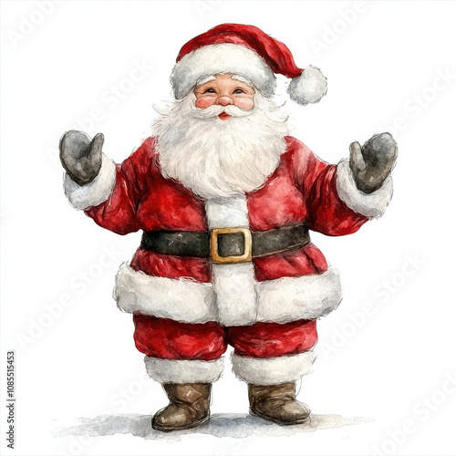 Watercolor illustration of Santa Claus figure in red suit, smiling joyfully. This festive image captures spirit of Christmas with cheerful expression