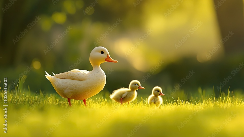 Close-up of a duck with a duckling following close behind, strolling across fresh green grass. Close-up of a duck with a duckling following close behind, strolling across fresh green grass.