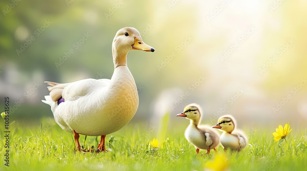 Close-up of a duck with a duckling following close behind, strolling across fresh green grass.