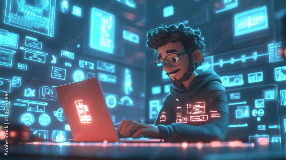 Young male programmer in a futuristic setting, working on a laptop surrounded by glowing data screens, immersive technology environment with vibrant visuals Young male programmer in a futuristic setting, working on a laptop surrounded by glowing data screens, immersive technology environment with vibrant visuals