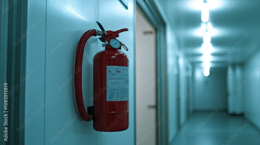 Close-up of a fire extinguisher on a clean white wall, with a bold red color for instant visibility and access. Close-up of a fire extinguisher on a clean white wall, with a bold red color for instant visibility and access.
