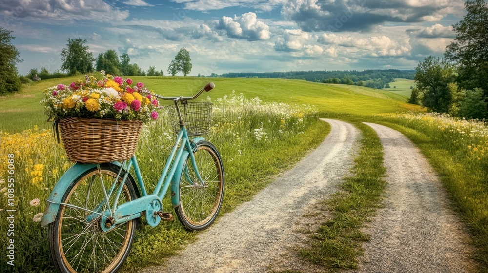 Fototapeta premium Vintage Blue Bicycle with Flower Basket Sitting on a Scenic Country Path Surrounded by Lush Green Fields and Majestic Clouds Under a Blue Sky