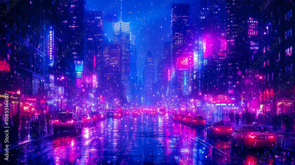 A lively urban area illuminated by colorful neon lights, with taxis passing through as snowflakes gently fall during a winter night A lively urban area illuminated by colorful neon lights, with taxis passing through as snowflakes gently fall during a winter night