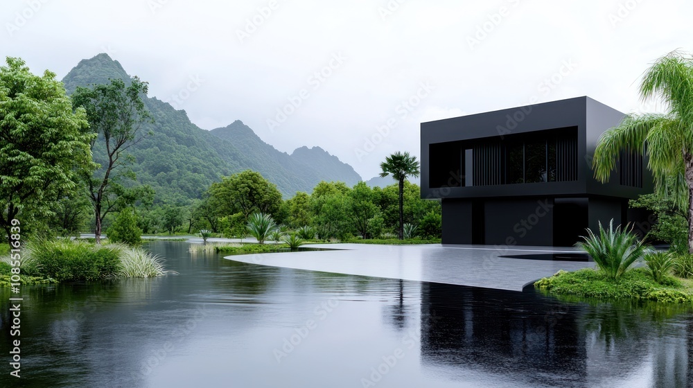 Modern black house beside a serene lake and lush mountains. Modern black house beside a serene lake and lush mountains.