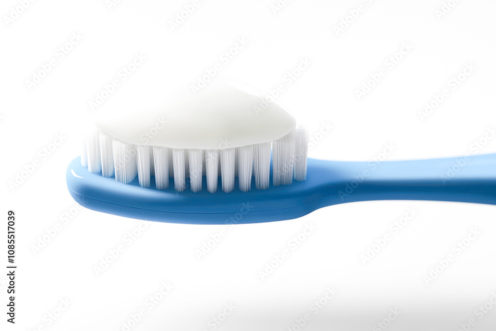 A close-up of a blue toothbrush with a fresh layer of toothpaste on it, A close-up of a blue toothbrush with a fresh layer of toothpaste on it,