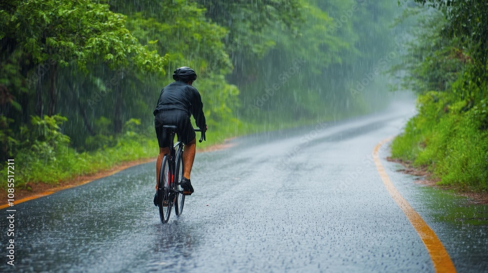 Fototapeta premium Cyclist Riding Alone on Rainy Road Through Lush Green Landscape in a Mystic and Tranquil Atmosphere with Rainfall and Overcast Sky Surrounding Nature