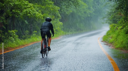 Cyclist Riding Alone on Rainy Road Through Lush Green Landscape in a Mystic and Tranquil Atmosphere with Rainfall and Overcast Sky Surrounding Nature