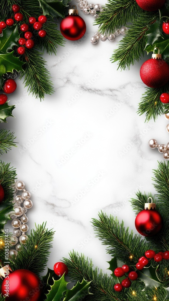 A festive white card framed with Christmas tree branches and pearls offers a perfect space for your holiday message and warm wishes A festive white card framed with Christmas tree branches and pearls offers a perfect space for your holiday message and warm wishes